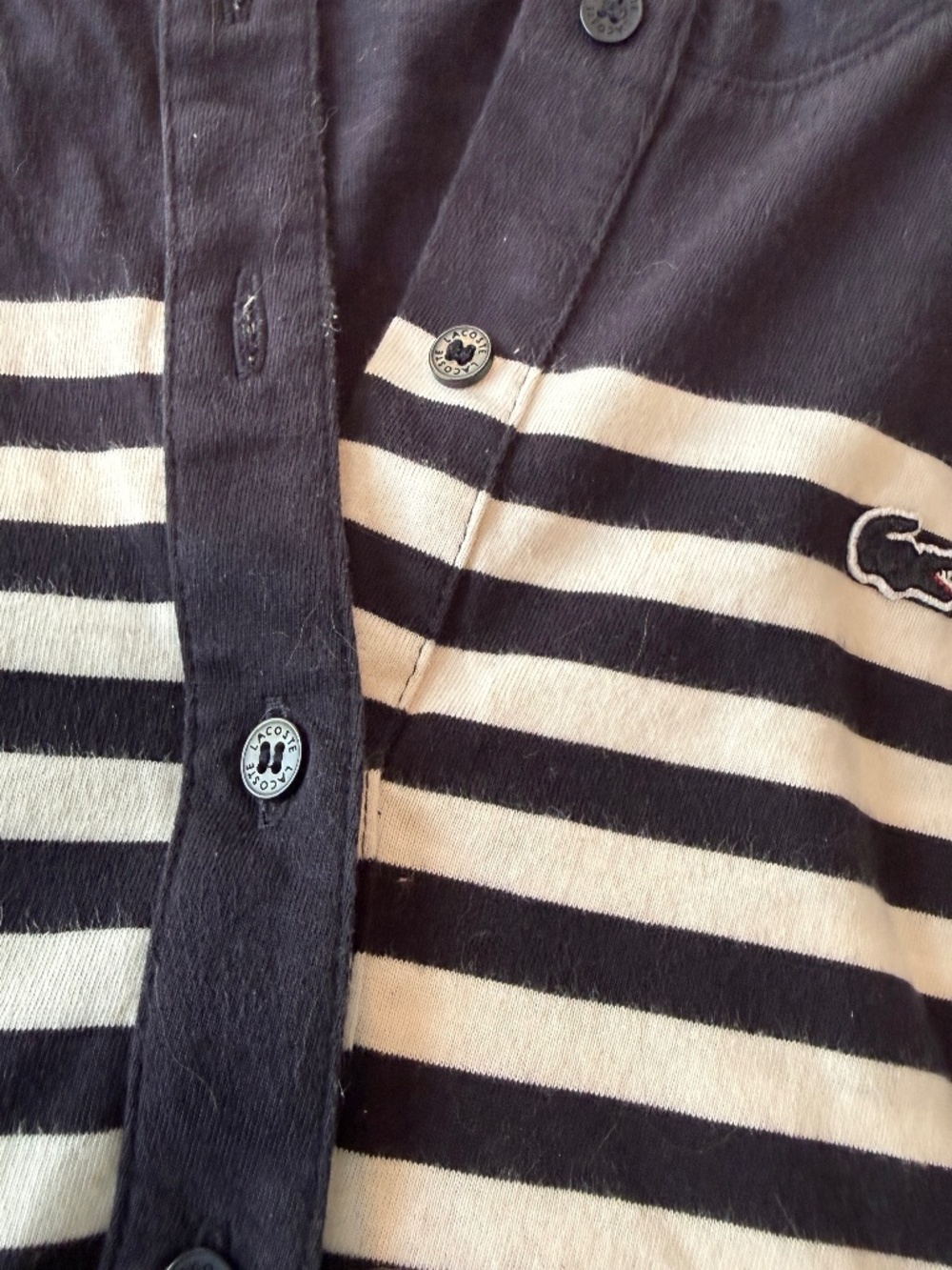 Lacoste Navy & White Striped Henley Top Size 38 | French Coastal Nautical Chic - Picture 5 of 6
